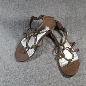 Impo Size 7 Tan Sandals with Gold-toned Decorative Circle Embellishment